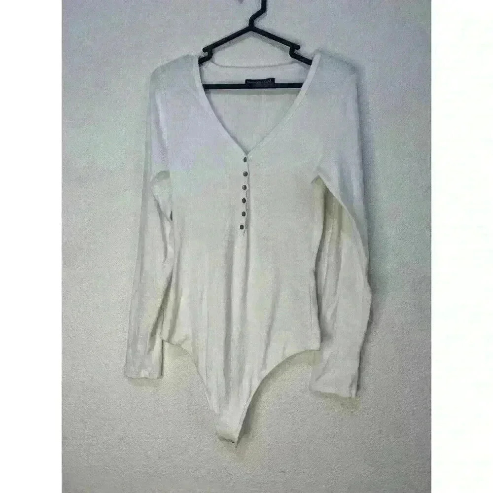Abercrombie‎ & Fitch Ribbed Bodysuit V Neck Long Sleeve White Color Sz Large